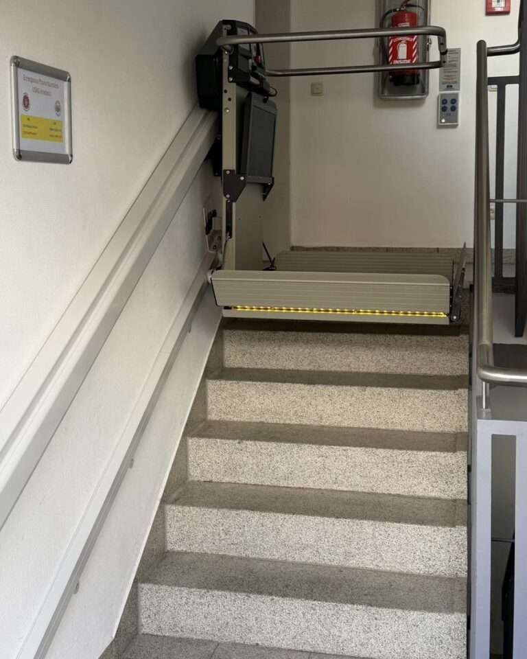 Projekte Frontale Ansicht des barrierefreien Plattformlifts über einer Granittreppe mit leuchtender LED-Leiste an der Plattformkante.