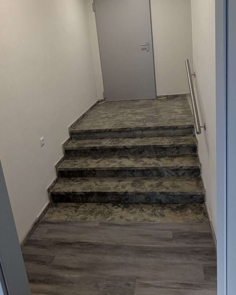 Projekte Eingangsbereich und Treppe im Rathaus Neusitz vor der Nachrüstung mit einem barrierefreien Plattformlift.